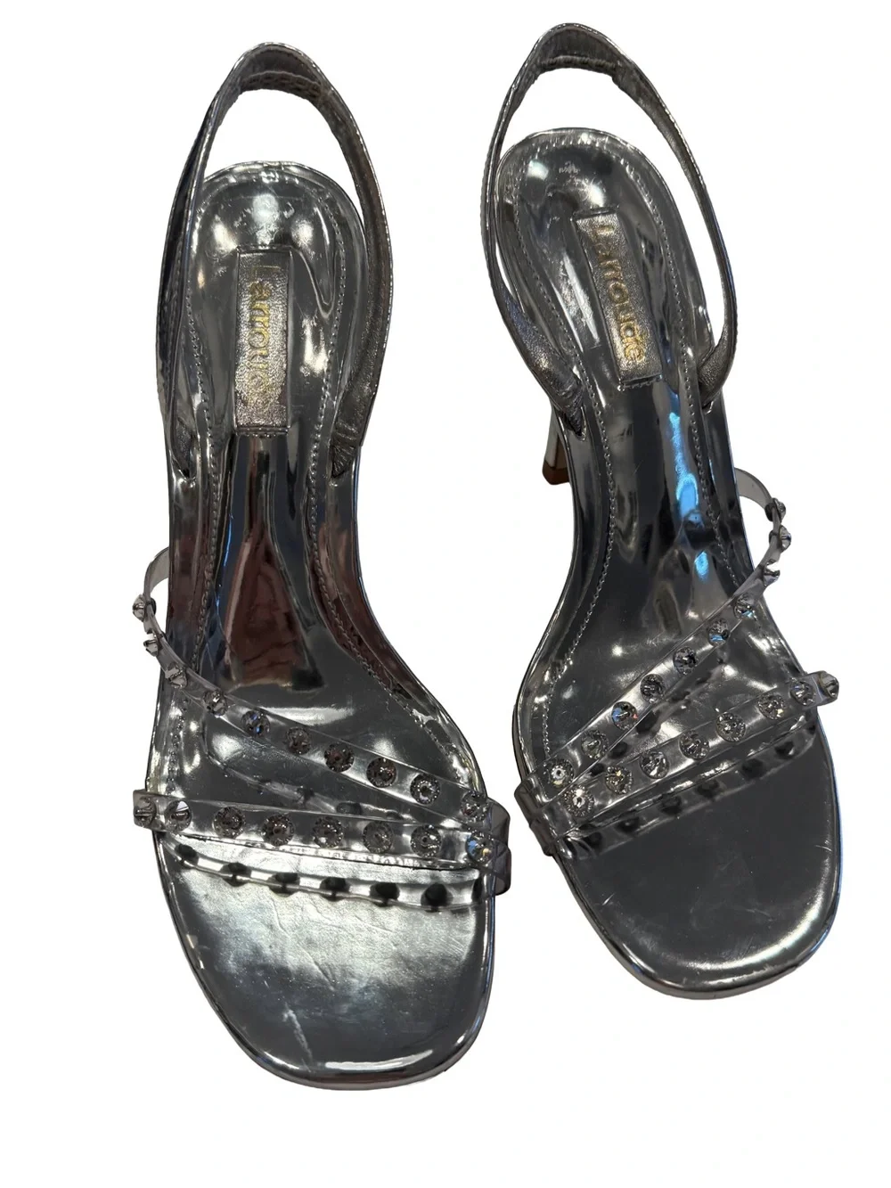 LARROUDE Annie Sandals Silver Swarovski Crystals Slingback Heels Sz 6.5 NEW